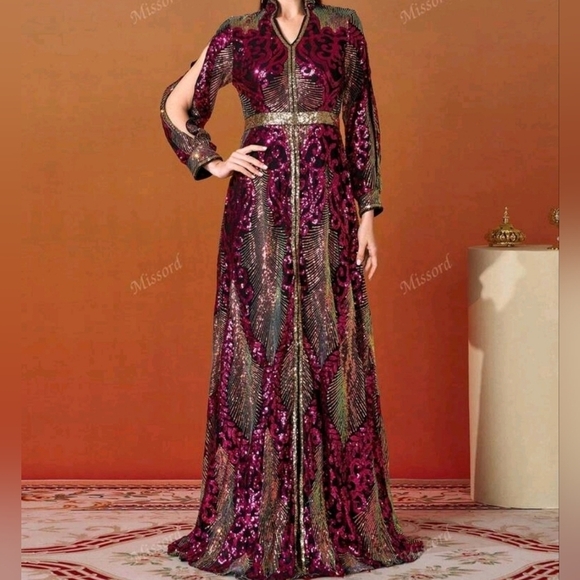 Hot Pink, Bishop Sleeves, V Neck, Contrast Sequined Mermaid Maxi Gown - Picture 2 of 11